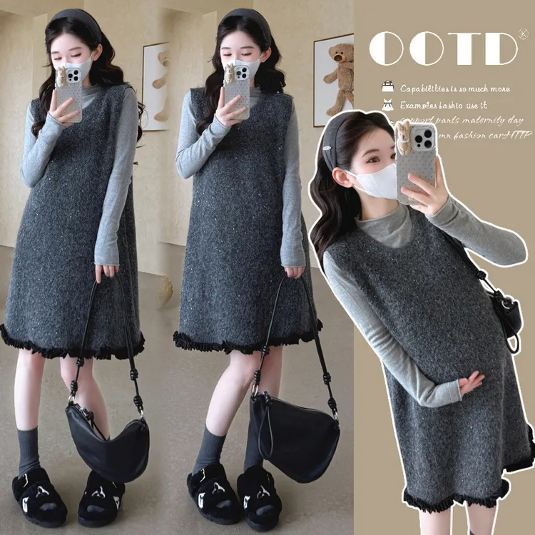 2025新款孕妇装秋装时尚款大码孕妇背心裙打底衫两件套孕妇套装