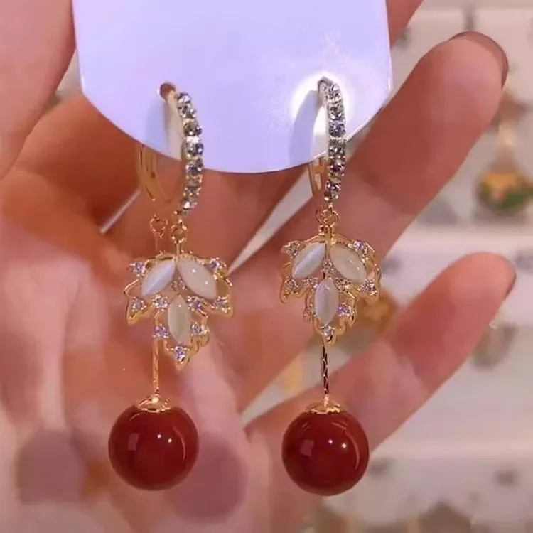 925银耳饰 防过敏新中式复古红色珍珠枫叶耳环女轻奢高级感耳扣