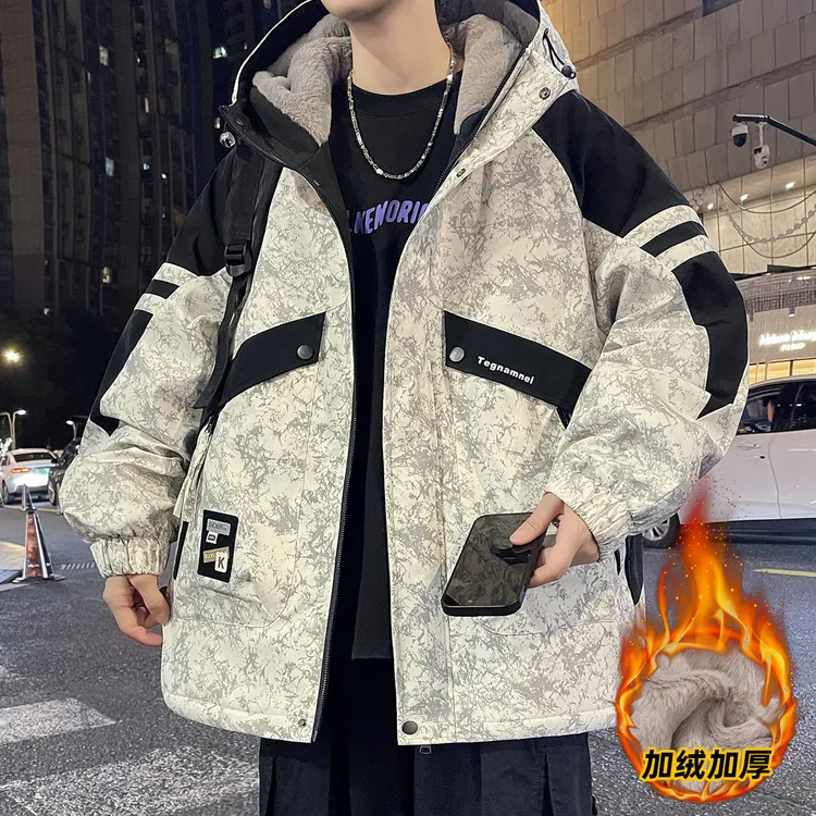 秋冬季青少年宽松连帽加绒加厚夹克学生印花连帽韩版潮流冬季外套