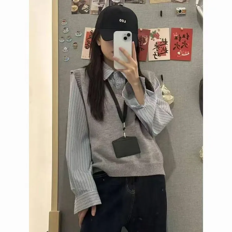 假两件撞色衬衫2025春季新款女装休闲百搭学院风叠穿长袖衬衫上衣