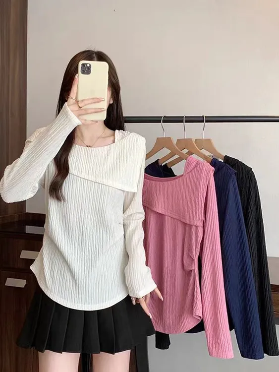 精 胖MM暑 D25076秋新款甜美减龄不规则正肩收腰洋气精致显瘦T恤