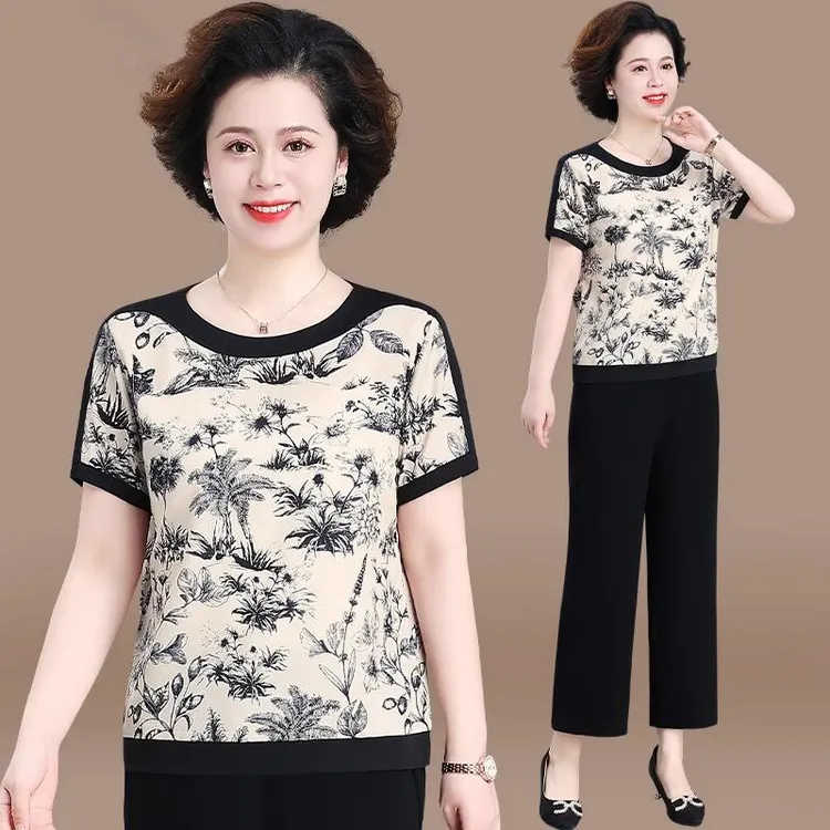 妈妈夏装套装2025新款中老年春夏短袖T恤两件套贵夫人品牌上衣女