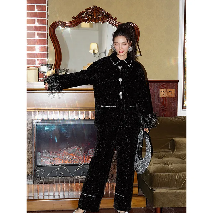 PAVENATNO/巴韦那奇女士睡衣两件套装冬装保暖加厚奢华家居服套装