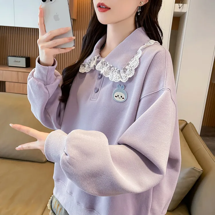 翻领polo衫卫衣女2025新款春秋季韩版宽松薄款蕾丝花边假两件上衣