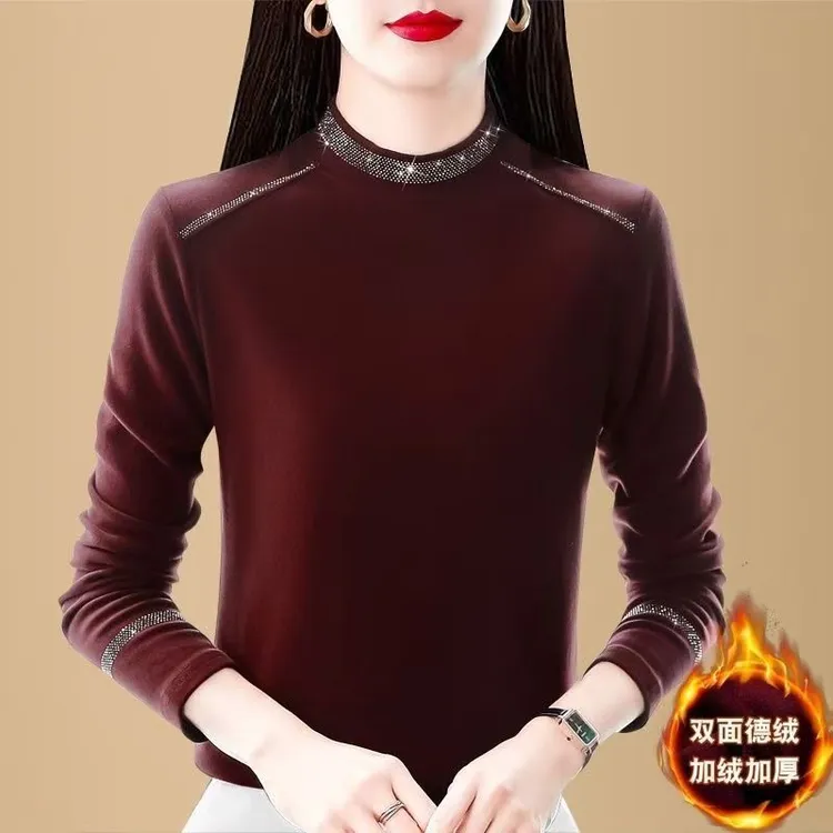 德绒半高领打底衫女秋冬季烫钻洋气气质长袖T恤安可拉红保暖上衣