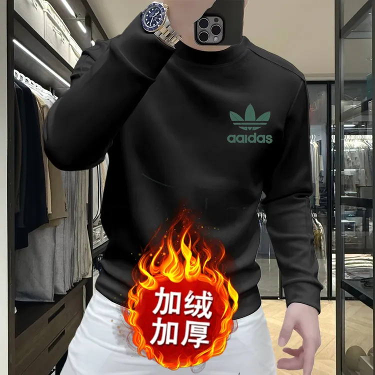 保暖秋冬男圆领加绒套头卫衣时尚加厚印花长袖男士舒适卫衣