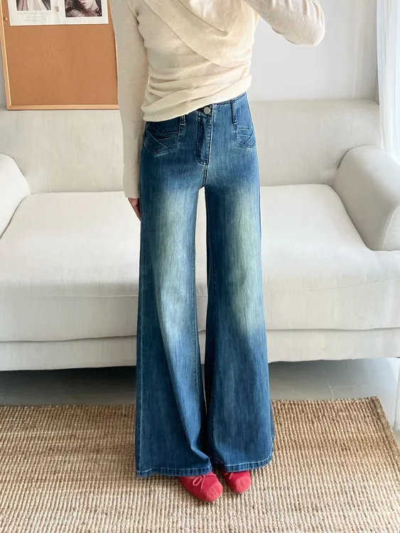 设计感小众复古蓝高腰秋款弹力牛仔裤女宽松显瘦微喇遮胯长裤
