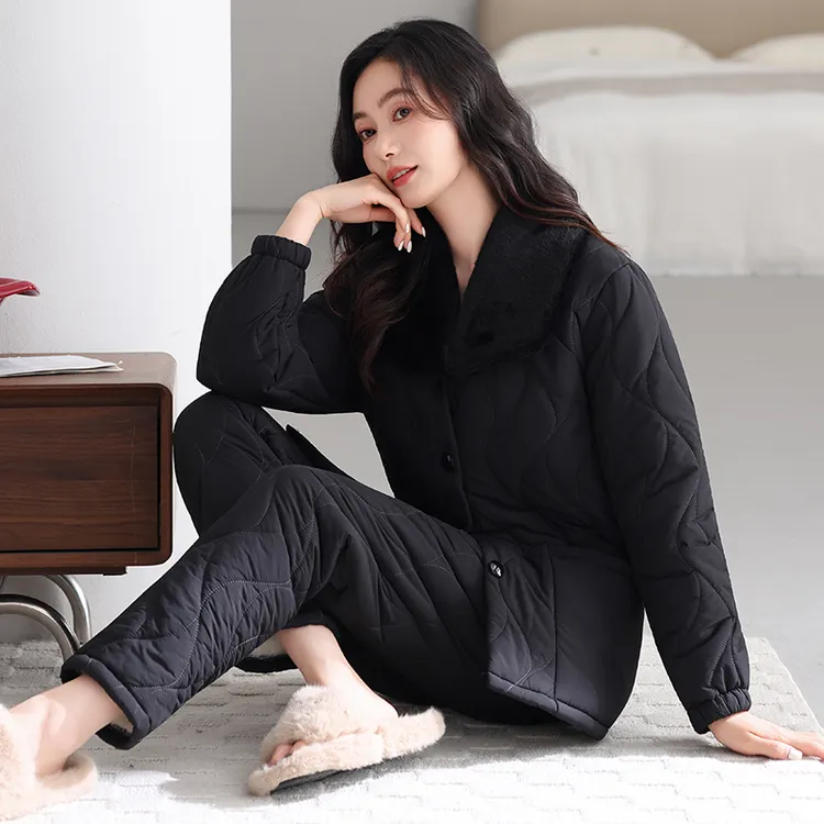睡衣女2025新款冬季三层加厚羽绒夹棉袄冬天珊瑚绒保暖家居服套装