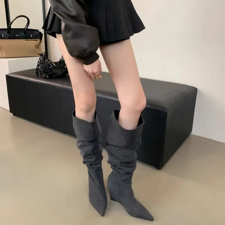 牛仔girl~时装靴褶皱堆堆坡跟增高的长筒靴长靴女甜酷辣妹风过膝