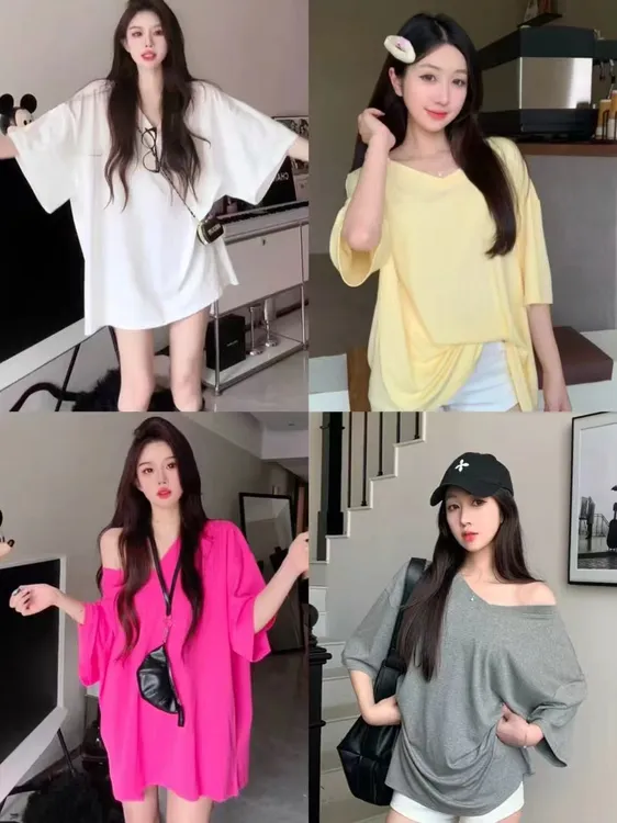 网红宽松舒适大版纯色v领短袖T恤女夏季2025简约显瘦上衣