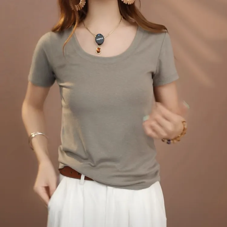 设计感时尚收背显瘦短袖T恤女2025夏季新款韩版简约纯色百搭上衣