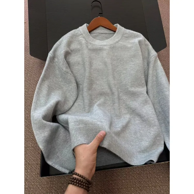 cleanfi浅灰色厚毛衣男女款秋季高级感圆领内搭卫衣宽松针织上衣