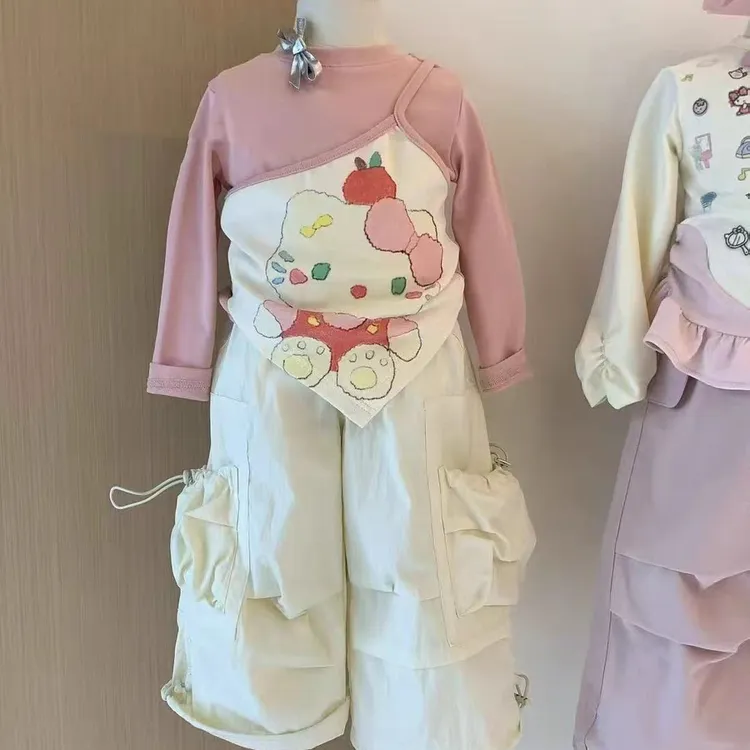kt猫长袖T恤女童秋装2025女孩hellokitty打底衫假2件上衣叠穿套装