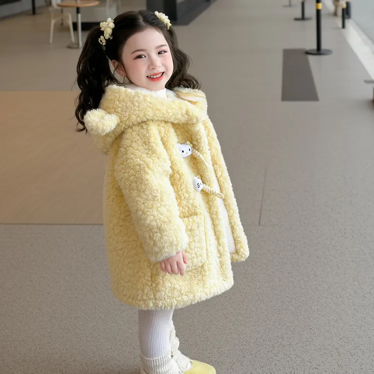 女童冬季羊羔绒外套冬季2025新款女宝加厚中长款连帽加绒大衣冬装