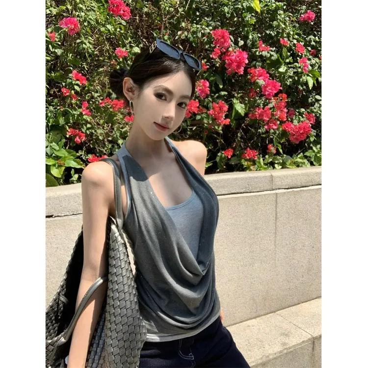 假两件荡领吊带背心女外穿夏季纯欲辣妹挂脖抹胸上衣泰式独特绝美