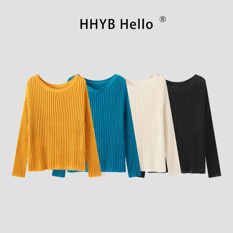 HHYB Hello2025坑条新款微透宽松镂空针织衫女百搭简约上衣M1092