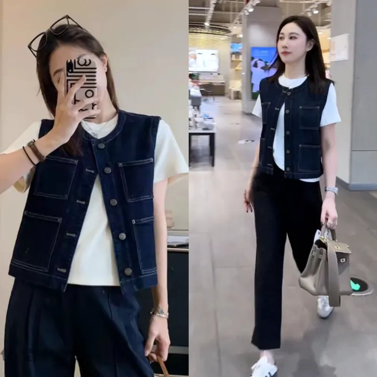 秋季流行爆款复古牛仔马甲短外套女装时尚洋气叠穿坎肩背心上衣