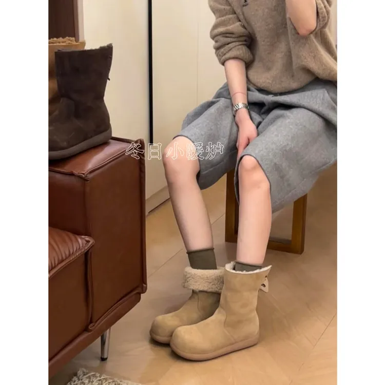 梨小七女鞋冬日小暖炉2025新款芒果头韩版加绒两穿高帮棉靴雪地靴