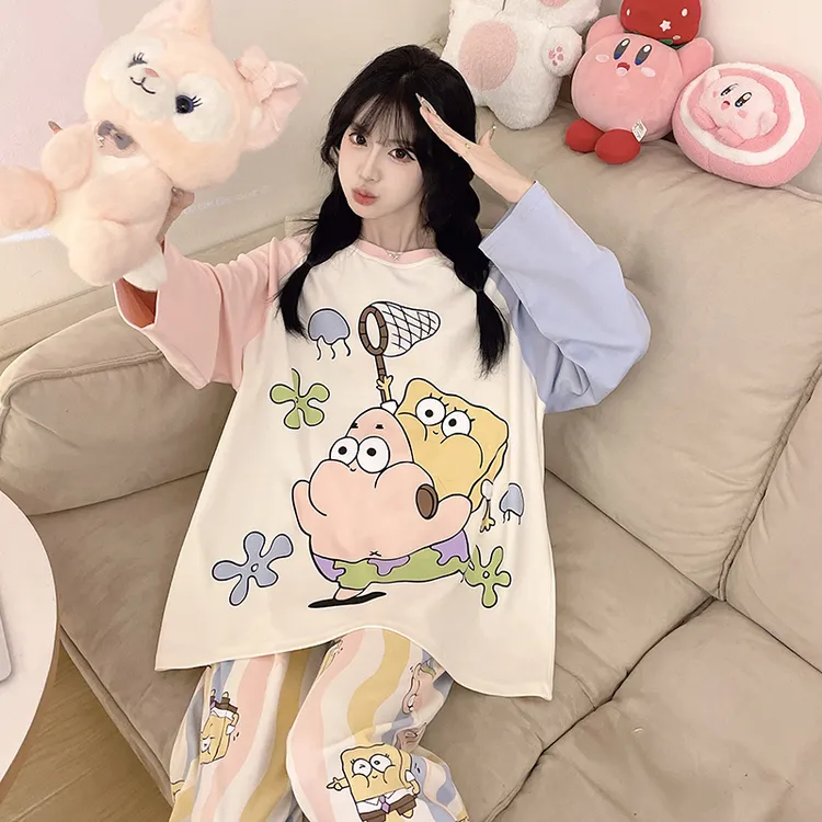 纯棉睡衣女长袖春秋款卡通薄款大码女款秋季学生可外穿家居服套装