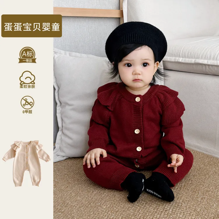 韩版女宝宝秋装连体衣公主哈衣婴儿衣服秋季外出针织毛衣幼儿一岁