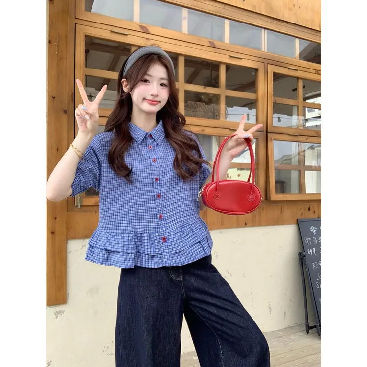 蓝色格子衬衫女2025夏季新款miu系荷叶边短袖衬衣法式短款上衣潮