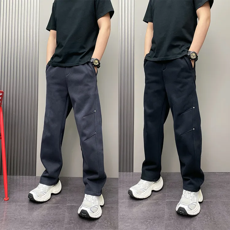 冬季2025新款简约加绒加厚运动卫裤男士宽松美式百搭直筒休闲裤子