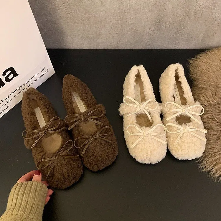 仙女风毛毛鞋女外穿2025秋冬季新款玛丽珍鞋蝴蝶结加绒保暖棉鞋子