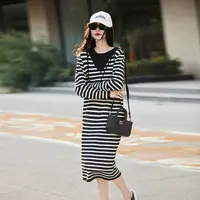 MZ.高端女精纺丝棉条纹长袖针织连衣裙显瘦柔软打底长裙RT1275