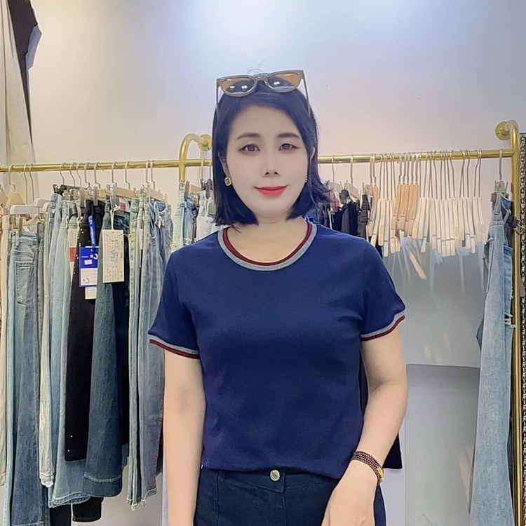 妮可圆领撞色简约通勤韩版显瘦短袖女T恤拼接清冷系禅意衣服女
