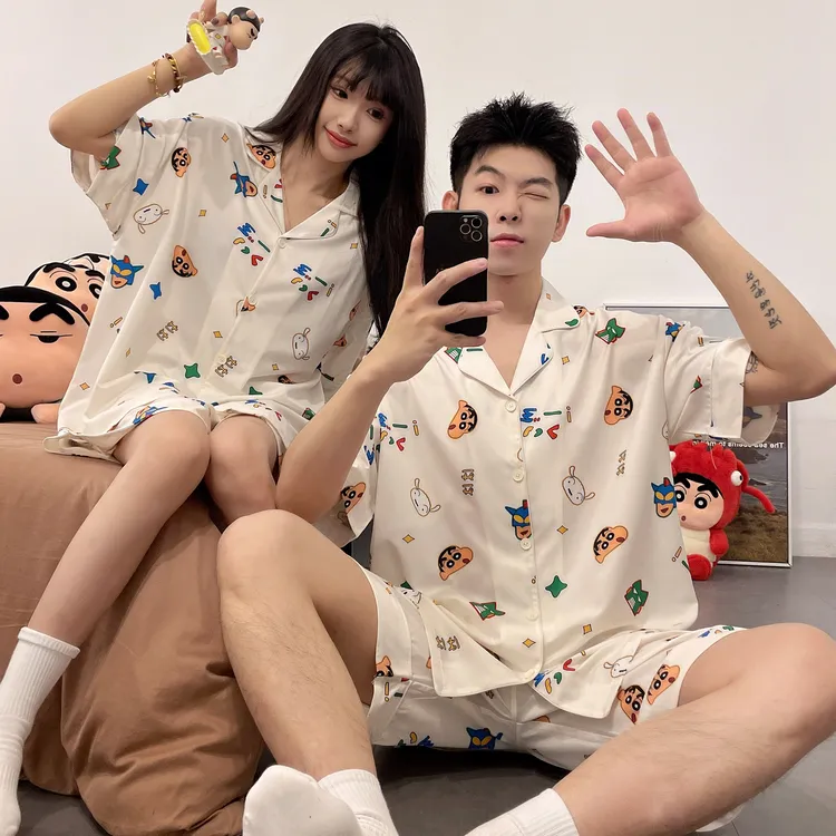 【蜡笔小新联名】冰丝情侣睡衣女夏季短袖凉感一男一女家居服套装