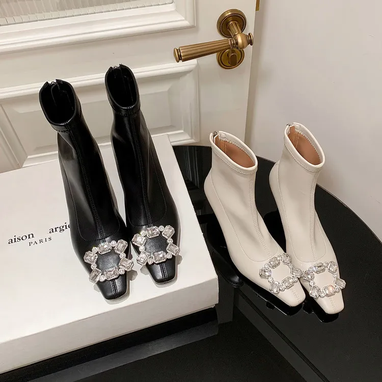 6.5cm~新款细跟方头水钻加绒白色弹力瘦瘦靴短靴显瘦大码时装女靴
