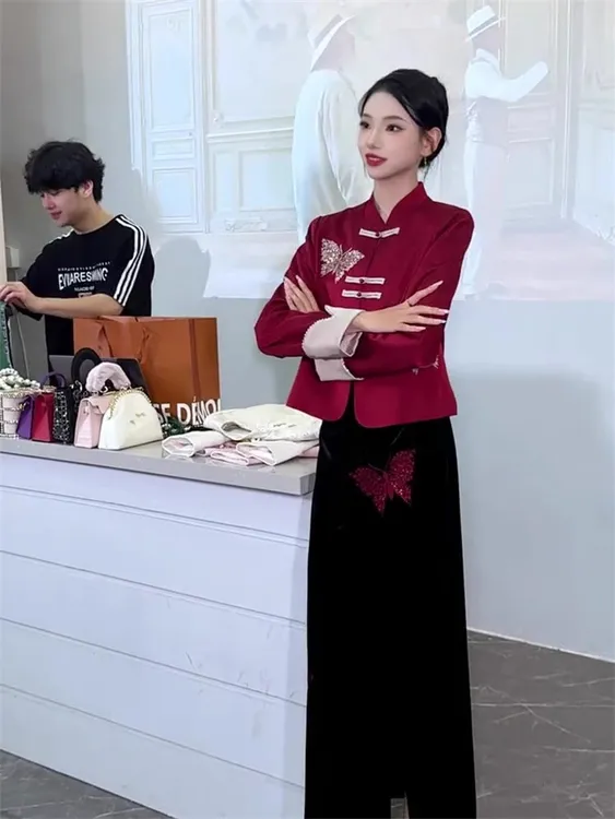 新中式国风高级感两件套女冬季复古盘扣设计外套显瘦半身裙套装潮