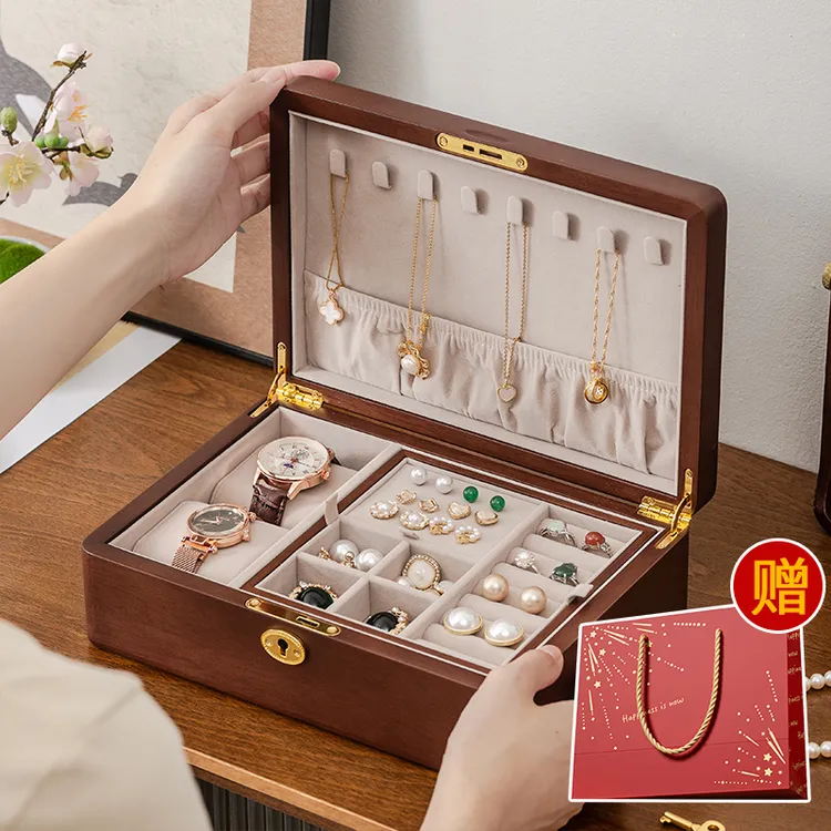 热卖爆款【大号双层】实木带锁首饰耳钉手镯手串项链戒指发品收纳盒