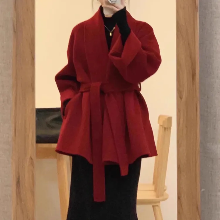 2025秋冬爆款中长款双面绒毛呢外套女名媛风小个子法式呢子大衣