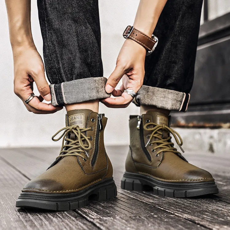 潮流厚底马丁靴新款冬季保暖加绒美式英伦风工装靴高帮户外短靴