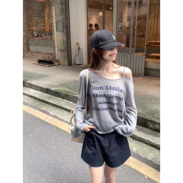 字母灰色冰丝防晒衣罩衫女2025夏季新款露肩薄款长袖t恤宽松上衣