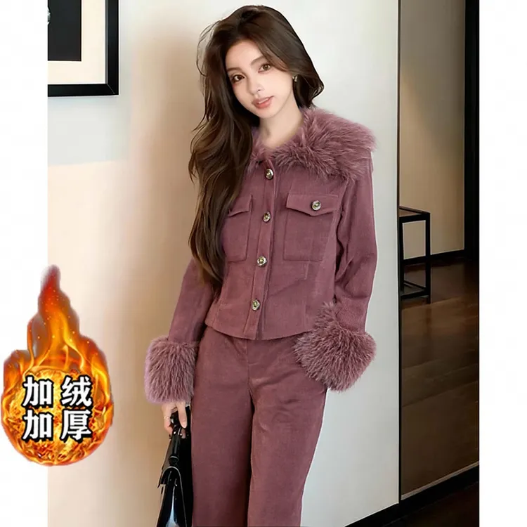 【加绒加厚】【两件套】大方得体气质名媛紫色外套裤子套装女TX0250