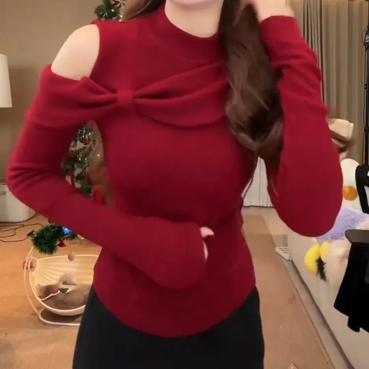 新款蝴蝶结半高领长袖针织衫上衣LK2509203