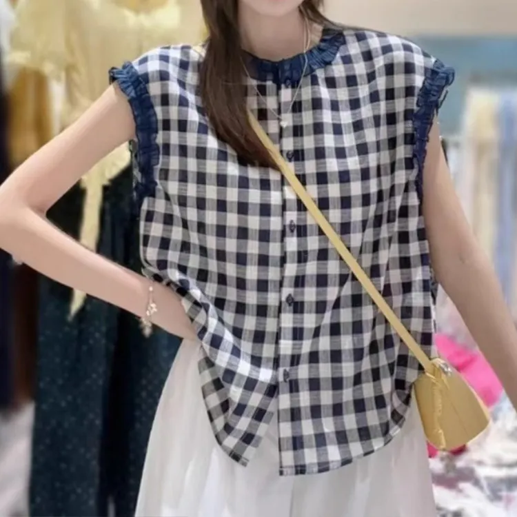 1231蕾丝花边格纹法式衬衫女初夏穿搭新款百搭上衣独特超好看小衫