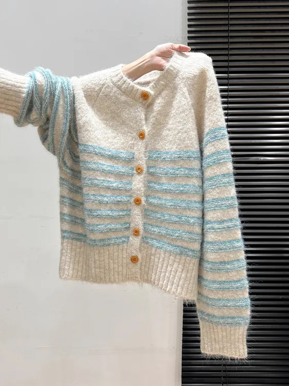 气质复古撞色条纹长袖开衫上衣女2025年秋季宽松针织加厚毛衣外套