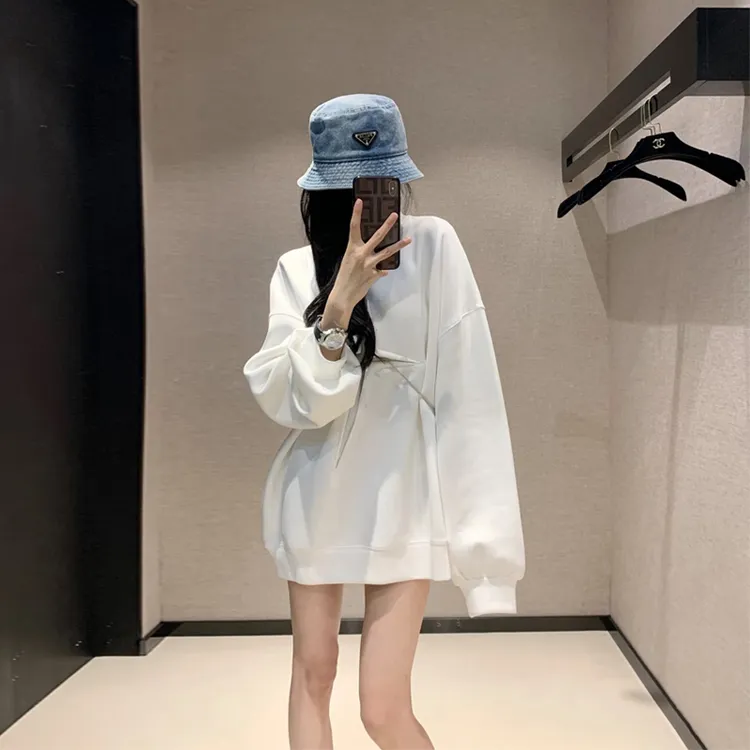 美式慵懒风白色加绒卫衣女春秋宽松中长款长袖百搭设计感小众外套