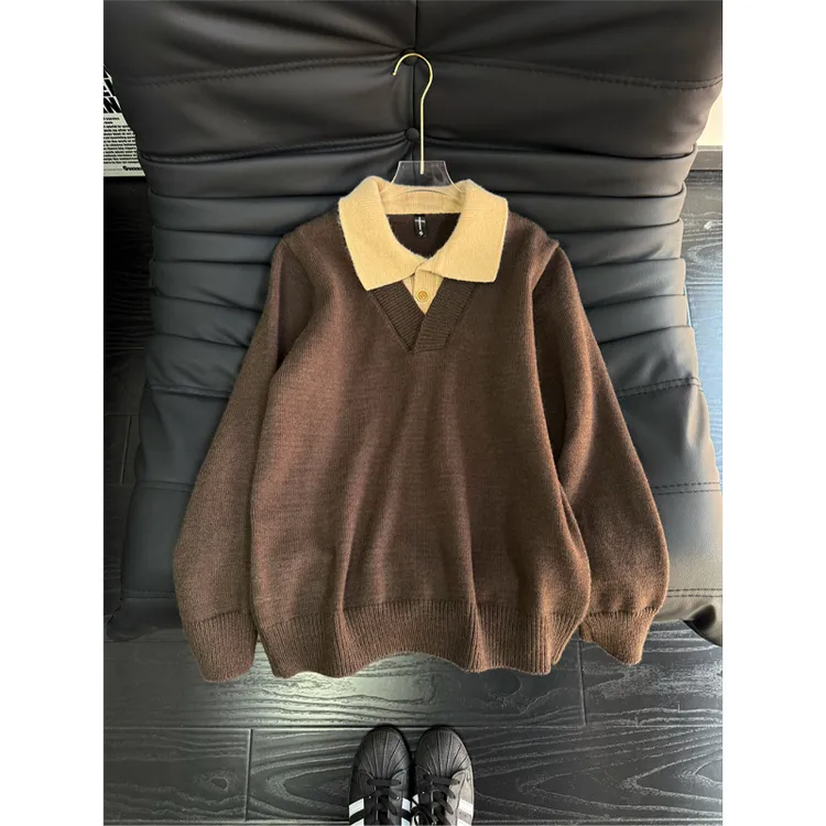 老钱风复古针织毛衣男款冬季假两件拼接针织衫美拉德慵懒风毛线衣