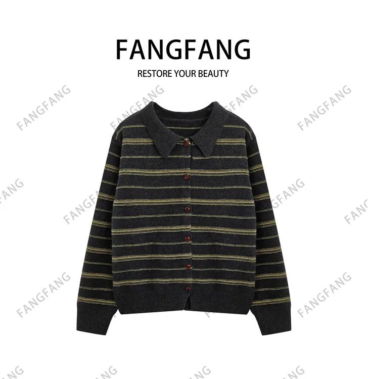 F.F条纹翻领女毛针织衫秋冬毛衣长袖衫上衣毛衣16628条纹毛衣带帽