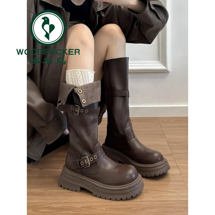 啄木鸟真软皮厚底爆款美拉德长筒靴女2025新款秋冬复古高筒骑士靴