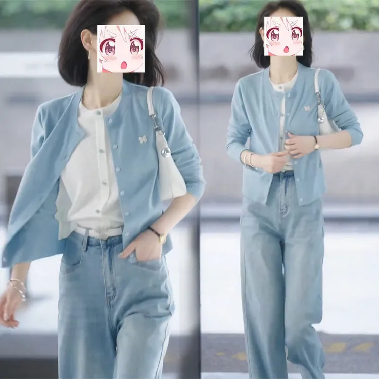 2025超好看的秋季独特漂亮宽松慵懒风假两件针织开衫牛仔裤两件套