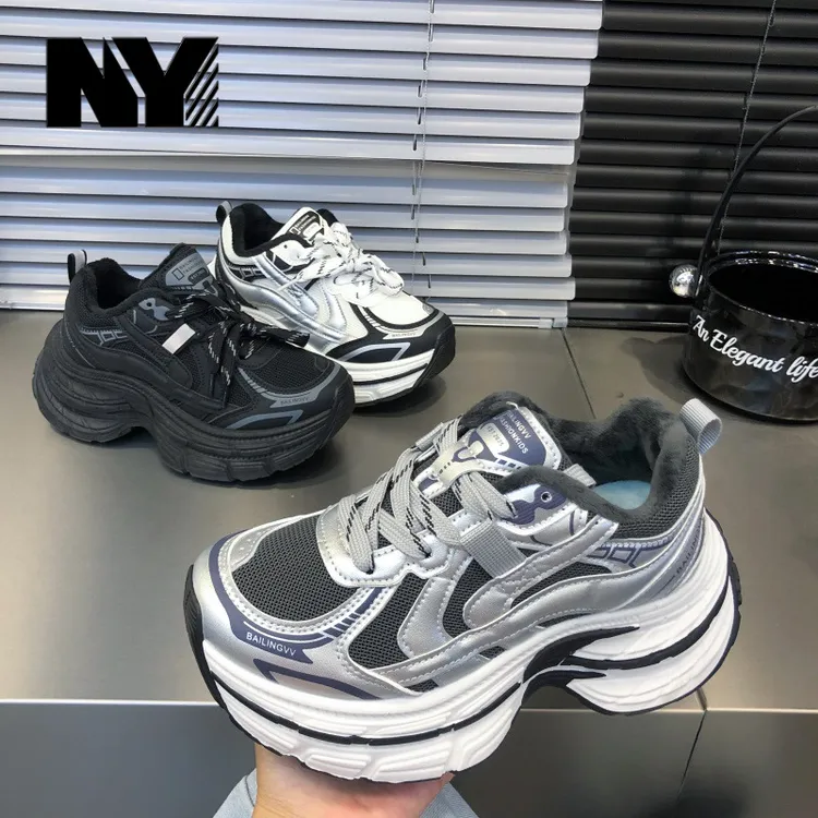 NY品牌厚底加绒老爹鞋女2025冬新款增高显脚小时尚休闲百搭运动鞋