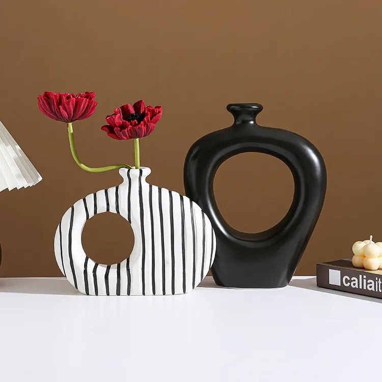 中古风黑白条纹陶瓷花瓶玄关摆件客厅电视柜装饰品双12年终促直降