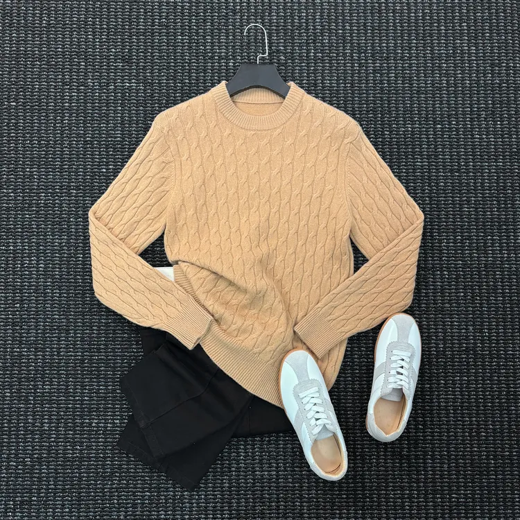 Mrperfect绞花100％纯羊毛冬季保暖打底针织衫男士商务毛衣羊毛衫