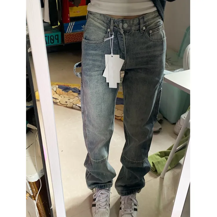 美式复古工装牛仔裤女春秋款宽松显瘦高街设计感拉链休闲直筒裤子