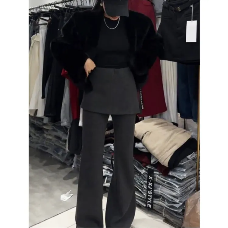 梨形身材假两件屁帘拼接微喇裤女秋冬加绒加厚大码高腰显瘦休闲裤